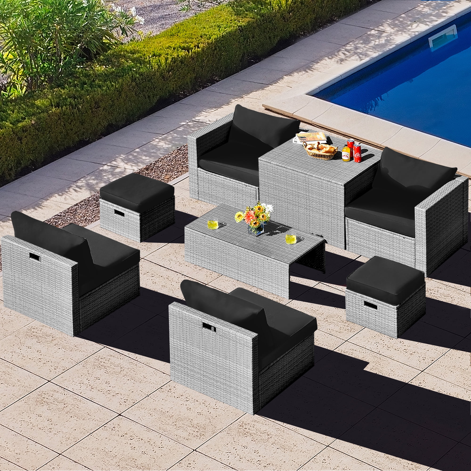 Costway 8PCS Patio Rattan Furniture Set Storage Waterproof Cover Black Cushion