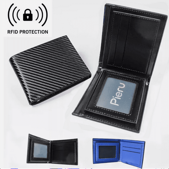 Men's Slim RFID-Blocking Bifold Wallet - Carbon Fiber & Leather Credit Card Holder. (Black)