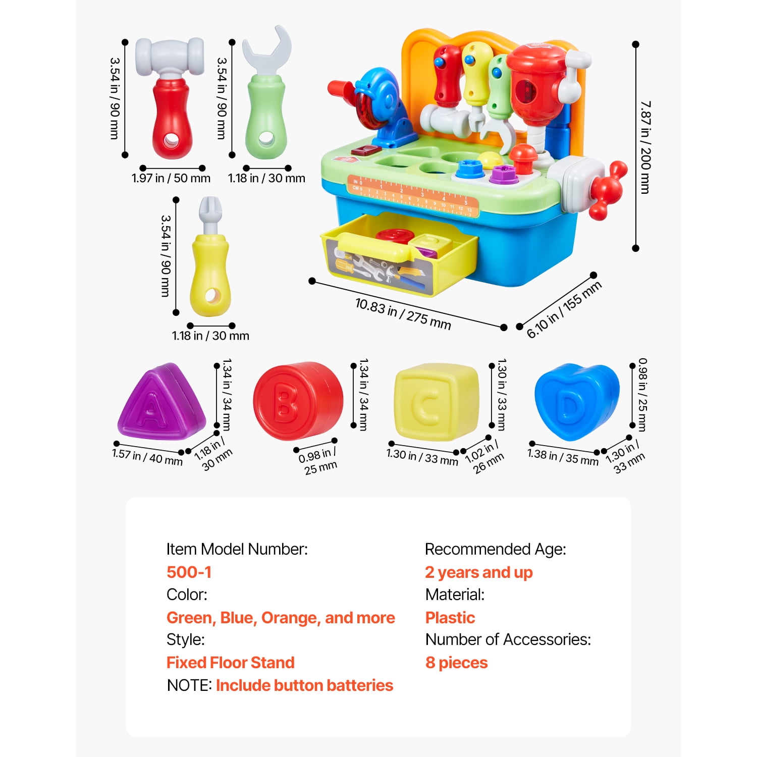 KFFKFF Interactive Workshop Toy, Illumination & Melodies, Educational Bench Toy for Toddlers Aged 2 Years and Above, Child's Imitation Tool Kit, Baby's Geometric Sorting Tasks