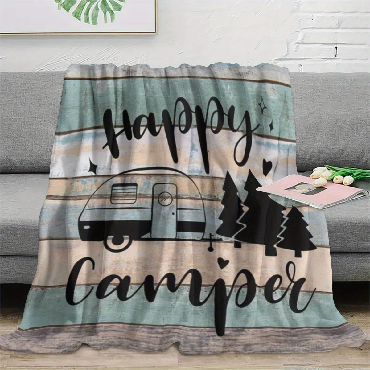 Cozy "Happy Camper" Flannel Throw Blanket Ideal for Sofa Office Bed Chair Travel Lightweight All Season Camping Decor with Vintage Van Pine Tree Design Perfect Gift for Men Women Camping