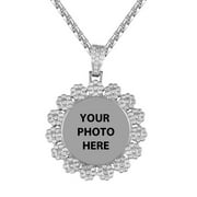 Mens Bezel Floral Icy Custom Photo Frame Picture Pendant Necklace 14K White Gold Tone Free Box Chain