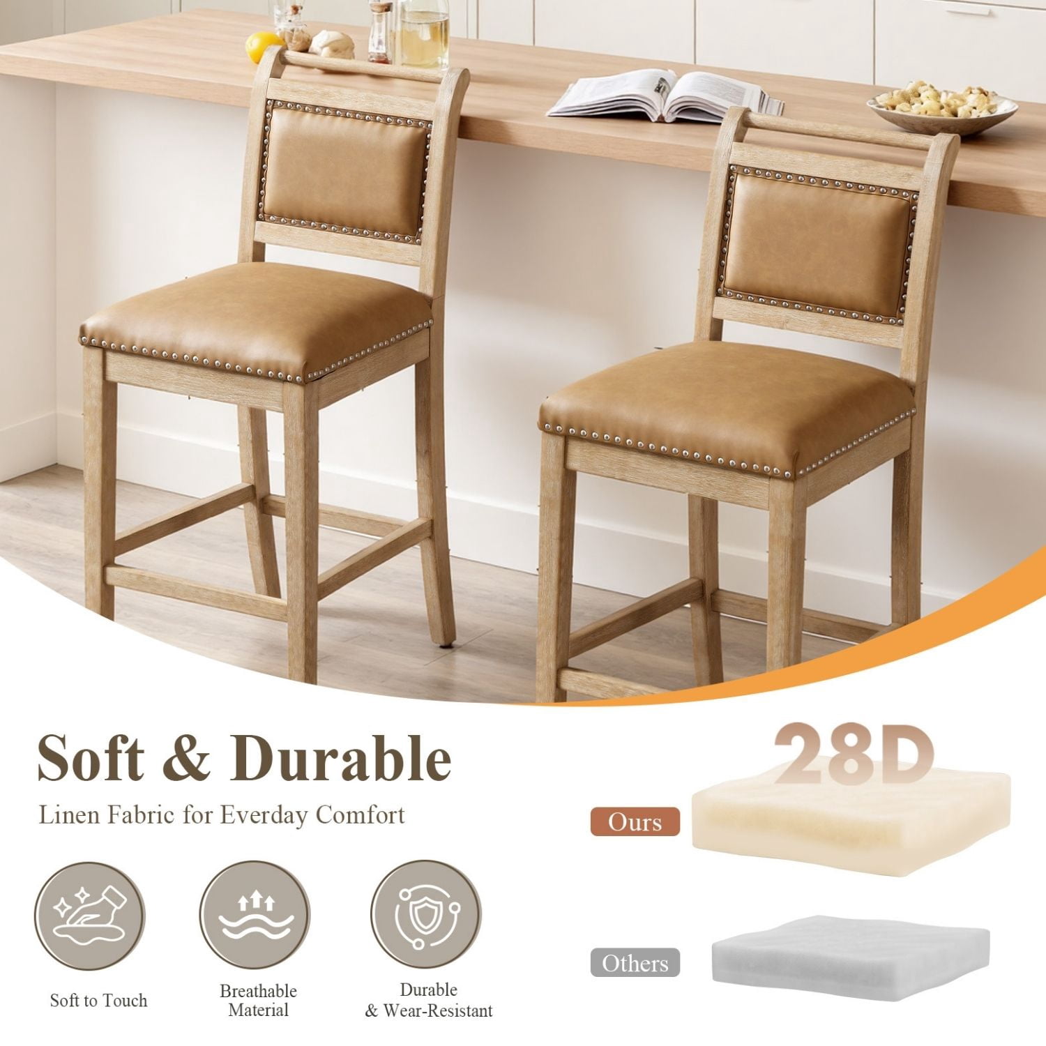 Dayalane 26" Farmhouse Counter Height Bar Stools Set of 2, Rustic French Wooden Barstools with Faux Leather Upholstered , Top Rail Nailhead Breakfast Bar Stool for Bar Kitchen Island Bistro, Brown