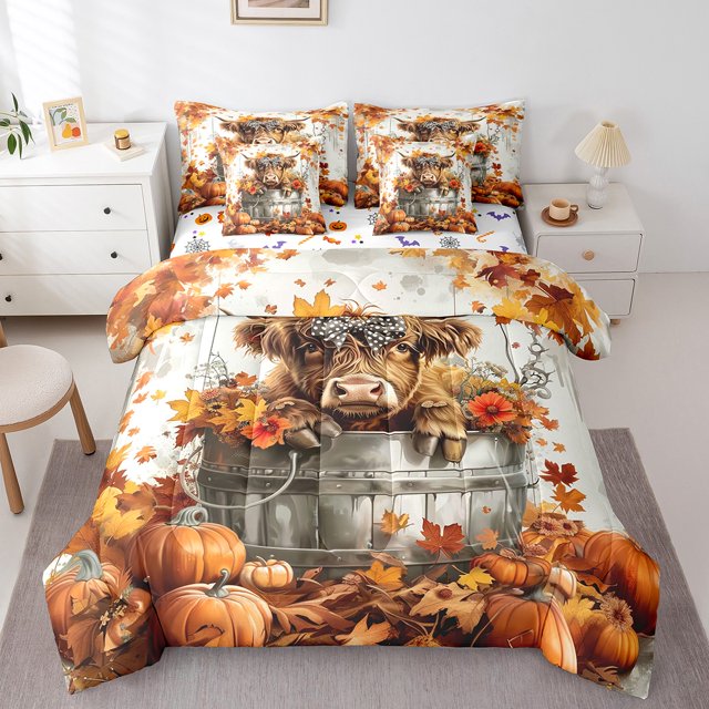 YST Ensemble de Literie 7 Pcs Imprimé Vache Highland pour Lit Simple, Feuilles d'Automne, Ensemble de Literie Citrouille, Décoration de Maison de Récolte d'Automne, Décorations de l\'Action de Grâce, Ensemble de Couette de Ferme avec Drap-Housse, Drap Plat