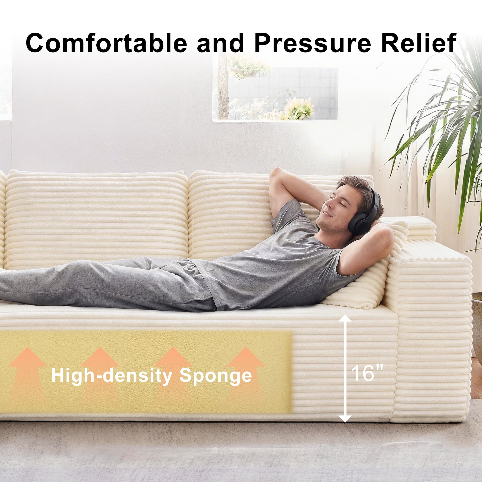 Actoroom 106" Modular Sectional Couch, L-Shape Boneless Cloud Couch, 4 in 1 Convertible Upholstered Sofa for Living Room Small Space, White