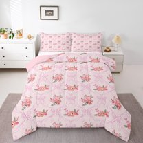 Manfei Girly Pink Bowknot Bedding Comforter Set for Kids, Rustic Groovy Floral Twin Comforter Sets, Princess Cartoon Theme Reversible Bedding Set, Super Cozy Room Decor, 2-Piece