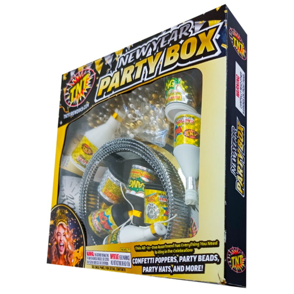 TNT Fireworks, New Year's Party Box, Party Poppers and Hats, Gold and Silver