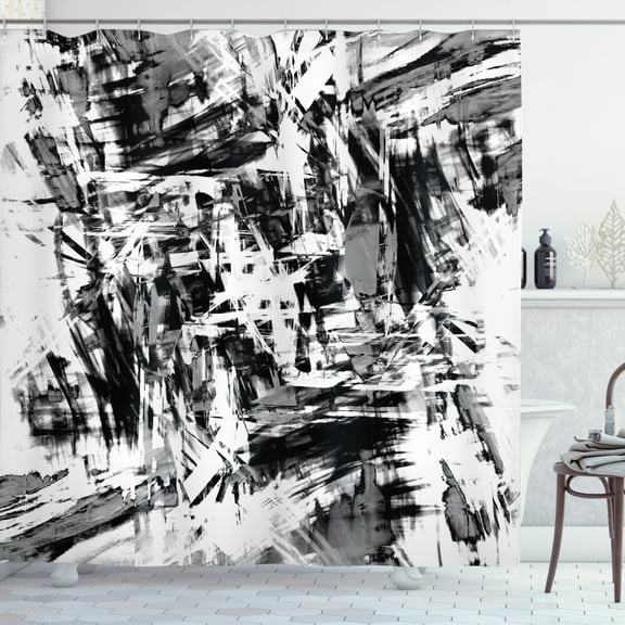 Black and White Shower Curtain, Old Grunge Style Abstract Art with Brushstrokes Chaos Image Print, Fabric Bathroom Set with Hooks, 69W X 84L Inches Extra Long, Black White Grey, by Ambesonne