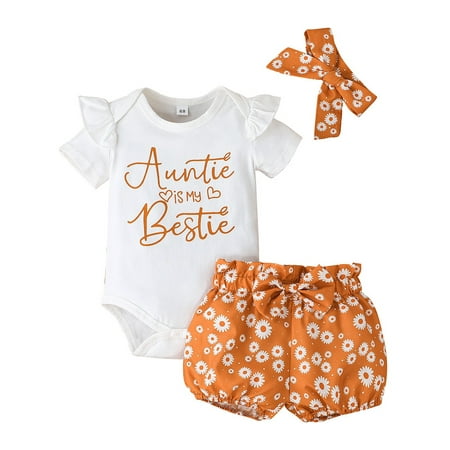 

Amuver Baby Girls Summer Jumpsuit Set Letter Print Ruffled Short Sleeve Romper and Floral Casual Shorts Headband