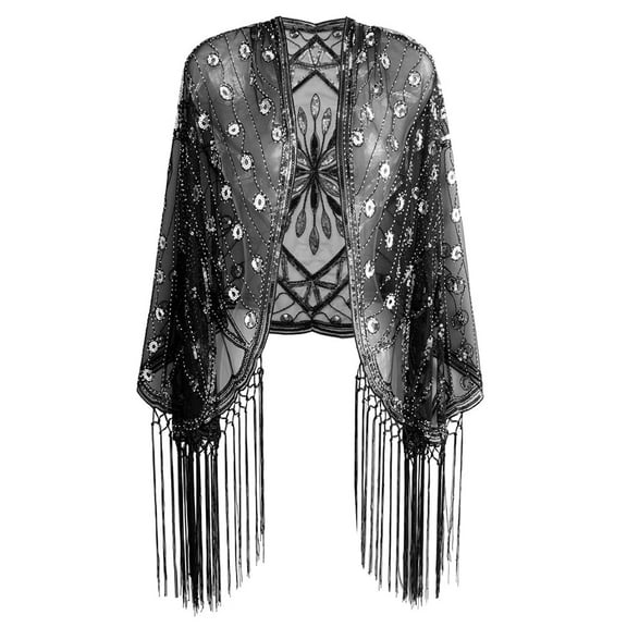 Women's 1920s Sequin Shawl with Tassels – Vintage Mesh Evening Wrap Cape for Flapper Dress, Gatsby Party, Prom, Wedding