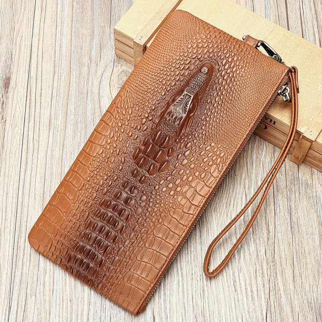 Tonnylam Cartera vintage de piel auténtica, cartera larga de piel de vacuno con estampado de cocodrilo para hombre, cartera de negocios con múltiples ranuras para tarjetas