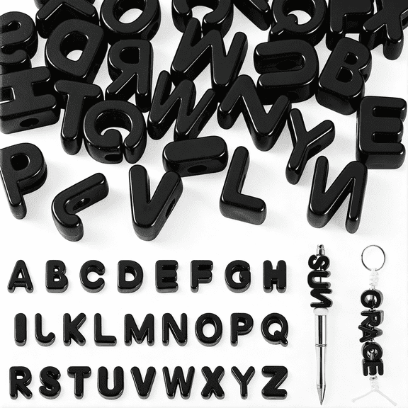 BZCOE 26Pcs Large Hole Letter Acrylic Beads Black Big Plastic Letter Blocks European Beads 3D Letters Initial A-Z Alphabet Bead for Keychains Necklace Diy Arts Craft