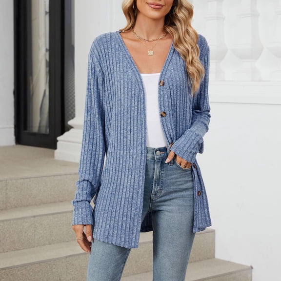 Meichang Womens Cardigan Sweaters Lightweight Open Front Button Ribbed Knit Cardigans V Neck Long Sleeve Fall Sweater Cardigan