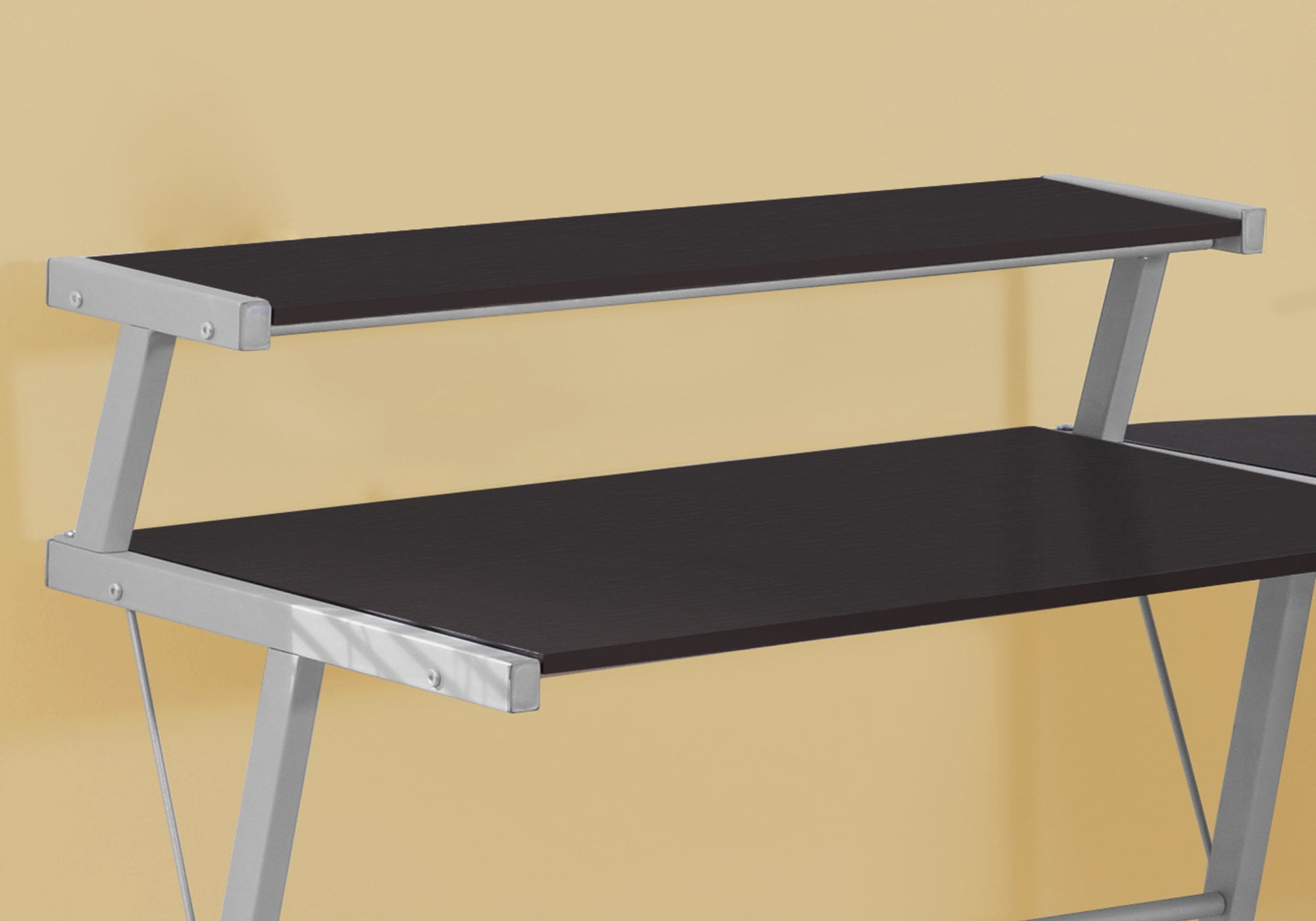 48 Inch L Shaped Brown Computer Desk with Monitor Shelf and Grey Metal Frame