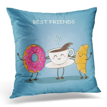 ECCOT White Cartoon Morning Breakfast Best Friends Cute of Coffee Donut and Croissant Character Pillowcase Pillow Cover Cushion Case 20x20 (Best Christmas Morning Breakfast)