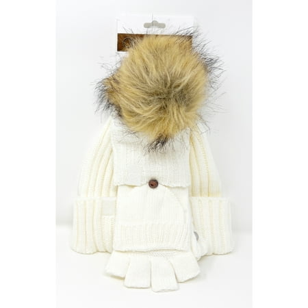 Calvin Klein Women's Faux Fur Pom Pom Hat and Flip-Top Gloves 2 Piece Set, Cream