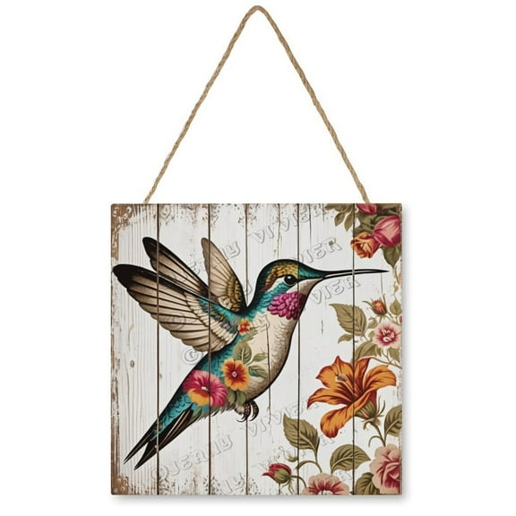 Spring Summer Hummingbird Birds Door Sign 12"x12" Welcome Spring Door Hanger Wall Pediment Farmhouse Floral Door Hanging for Yard Porch Seasonal Summer Decoration Welcome Sign