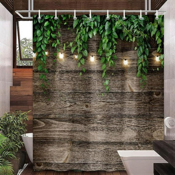 Rustic Outdoor Wall Shower Curtain, Grey Camo Shower Curtain Set for Bathroom, Vintage Wooden Bran Door Green Leaves Fabric Shower Curtain Restroom Bathtub Decor Accessories with Hooks 47X 64 inch