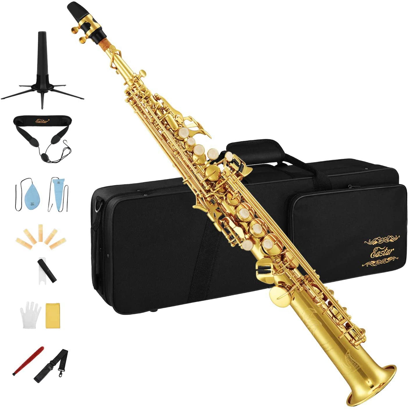 ammoon Bb Soprano Lacquer Brass Saxophone with Instrument Case 