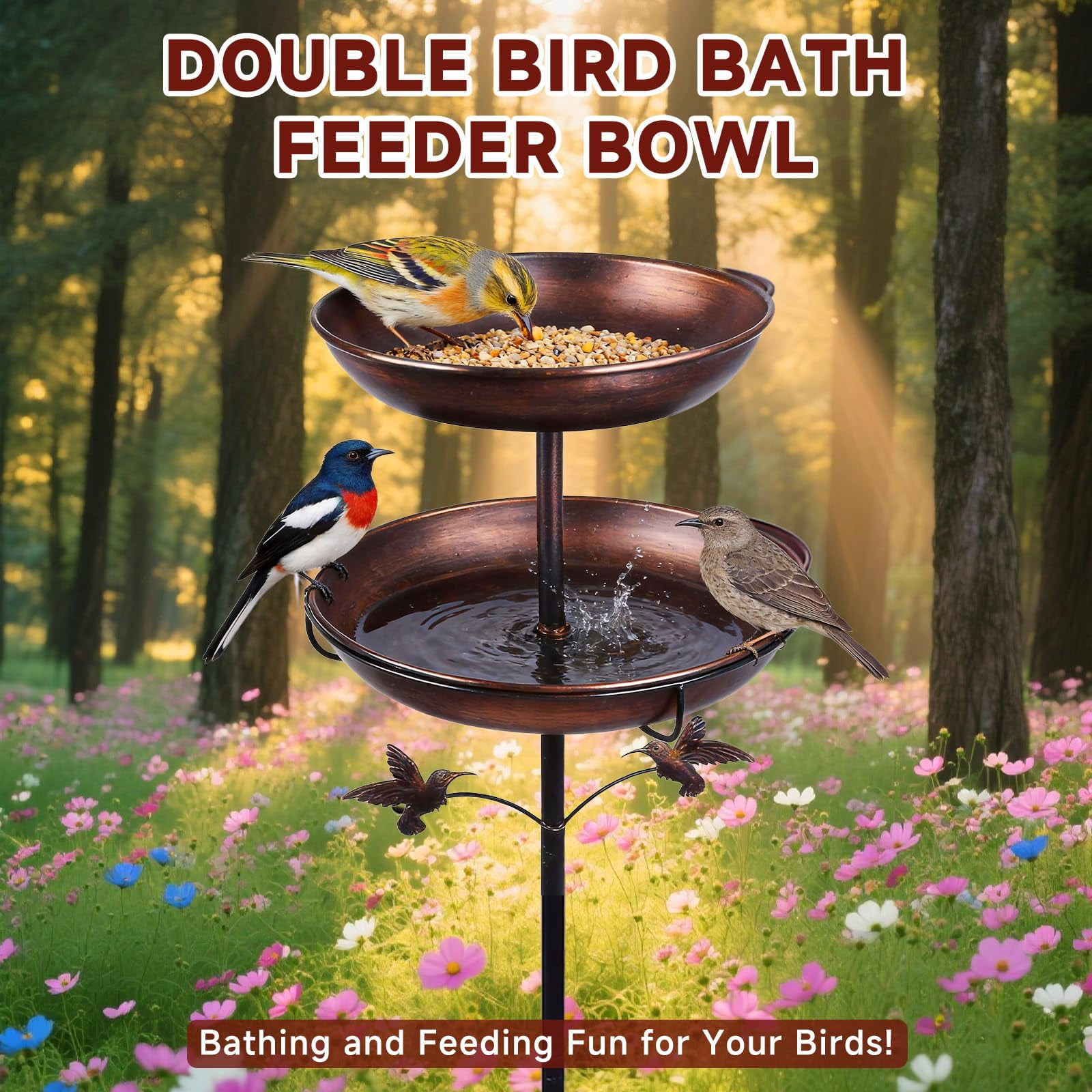 SLUMLOVE Metal Bird Bath for Outside, Rustproof Outdoor Bird Feeder, 45" Vintage Metal Birdbath with Reinforced 5-Prong Base for Garden and Patio Decor, Double Bowl Design