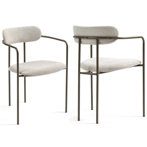 Set of 2 Berker Beige Woven Upholstered Fabric Dining Chair with Brown Iron Arms and Legs