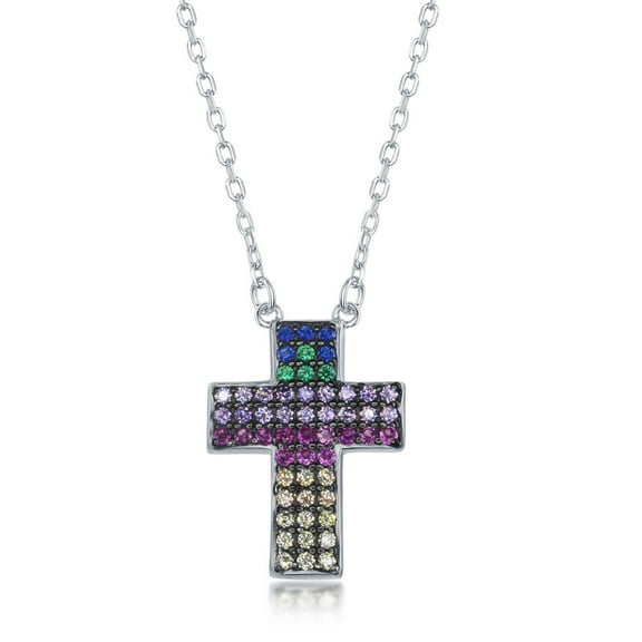 925 Sterling Silver Rhodium Plated/Gold Plated High Polished Rainbow Multi-Colored Cubic Zirconia Cross 16 2 inch Pendant Necklace