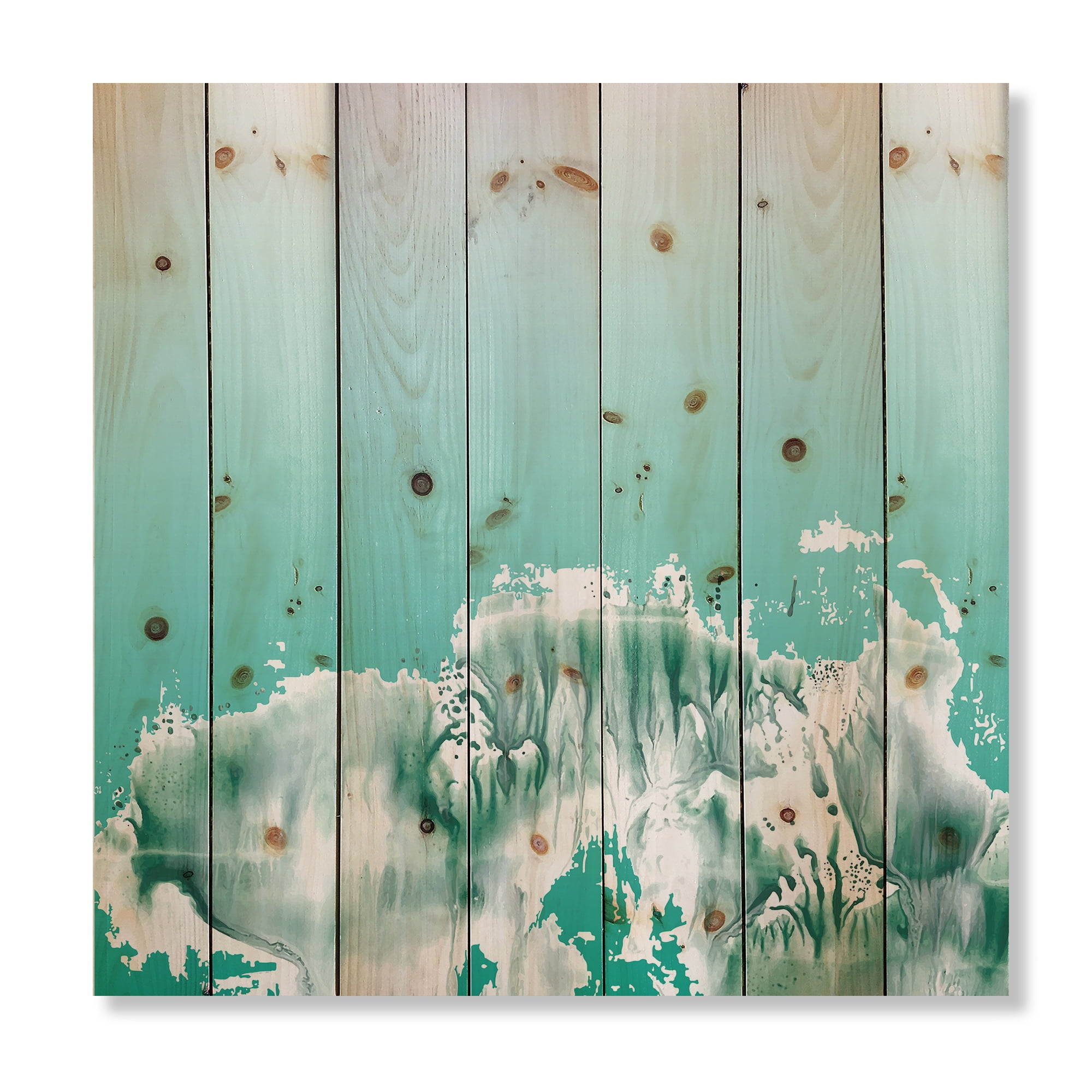 Designart 'Auquamarine Landscape Turquoise Splashes' Traditional Print on Natural Pine Wood