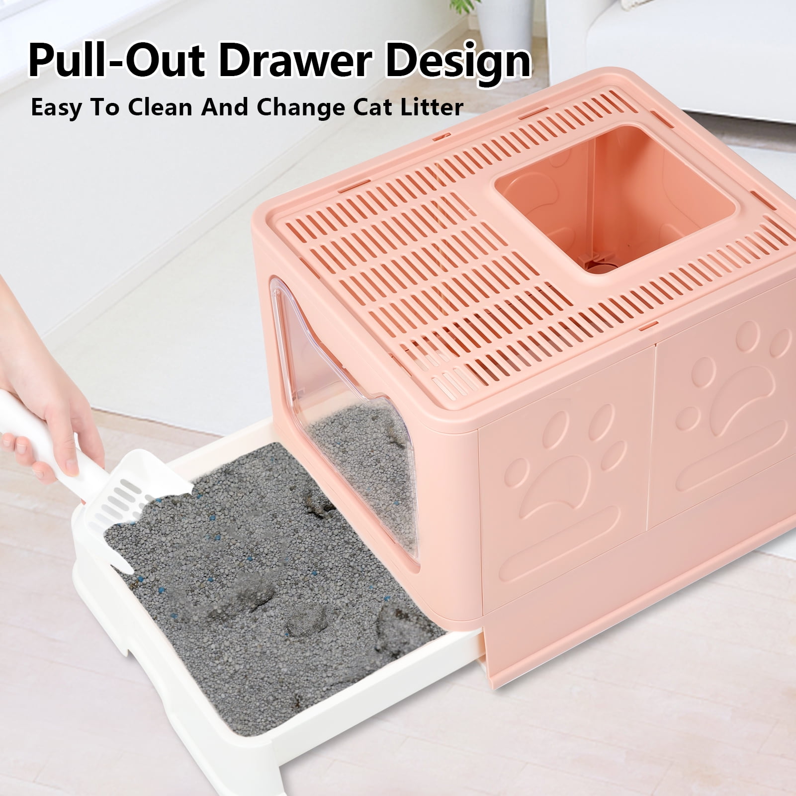 SELLARIS Foldable Cat Litter Box with Lid Easy to Clean Drawer Type Litter Pan Including Pet Scoop Enclosed Cat Potty Large Cat Litter Boxes with Top Entry 