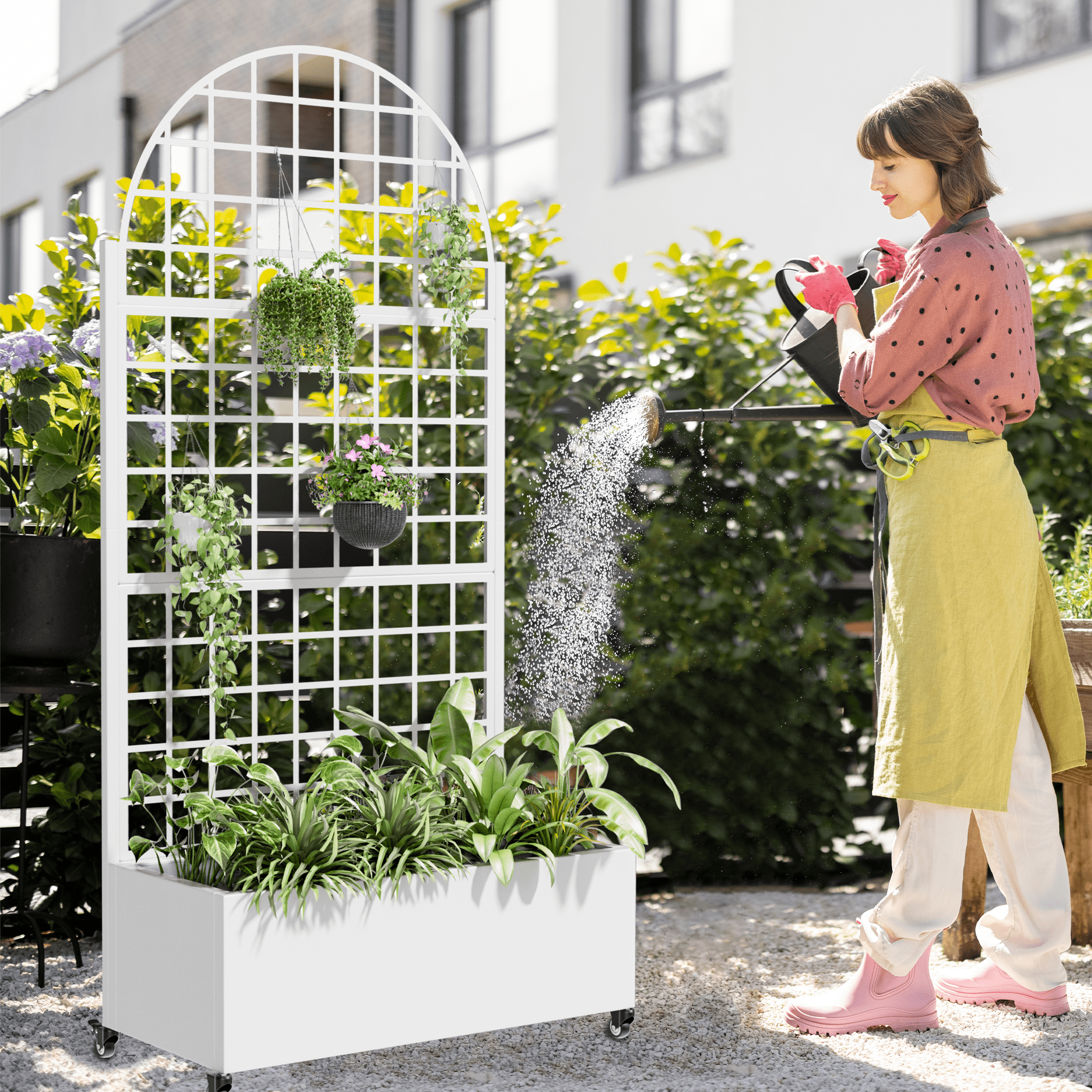 MAYEERTY 35*16*71"Outdoor White Metal Planter with Arch Climbing Trellis, Drainage hole & Wheels, Grid Pattern
