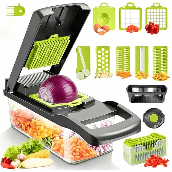 10-in-1 Vegetable Chopper Mandoline Slicer, 8 Blade Food Cutter with Colander Basket & Storage Case