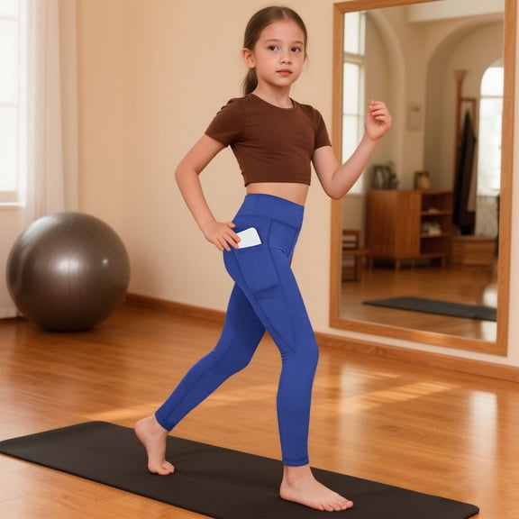 Girls Leggings Stretch High Waist Slim Yoga Leggings for Girls Soft Comfy Skinny Sports Trousers with Pockets Blue 6-7 Years