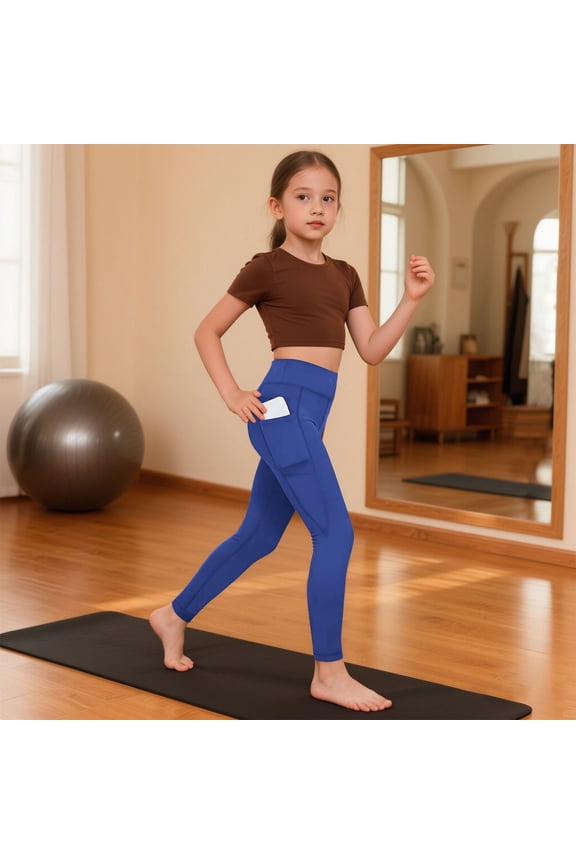 Girls Athletic Leggings Kids Running Yoga Pants High Rise Slim Fitted Ankle Length Pants Casual Workout Leggings with Pockets
