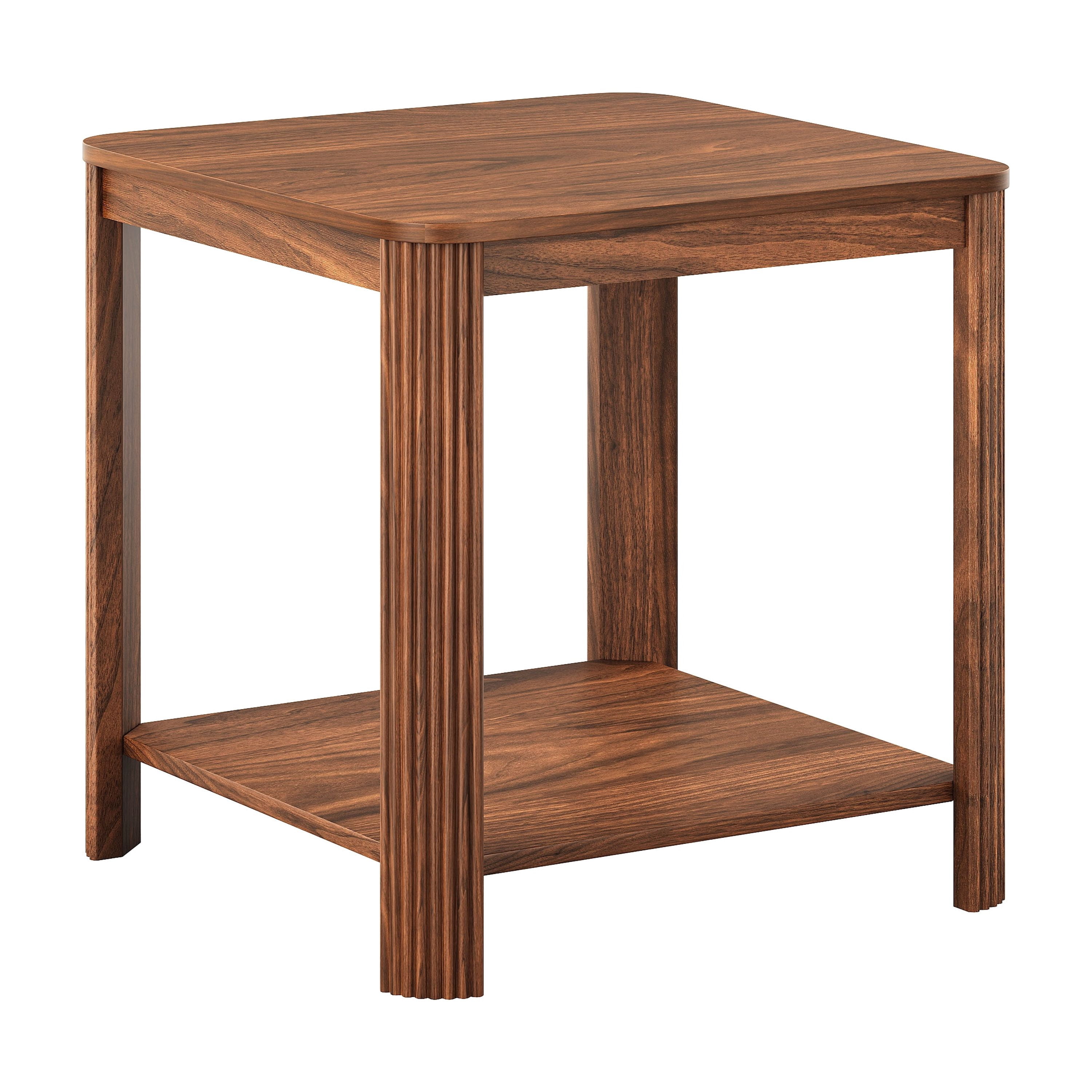 Rounded Corner End Tables Set of 2, 22.1" Square Nightstand with Vertical Wave Grain Legs, 2-Tier Boho Side Table for Living Room, Bedroom & Home Office (Walnut)