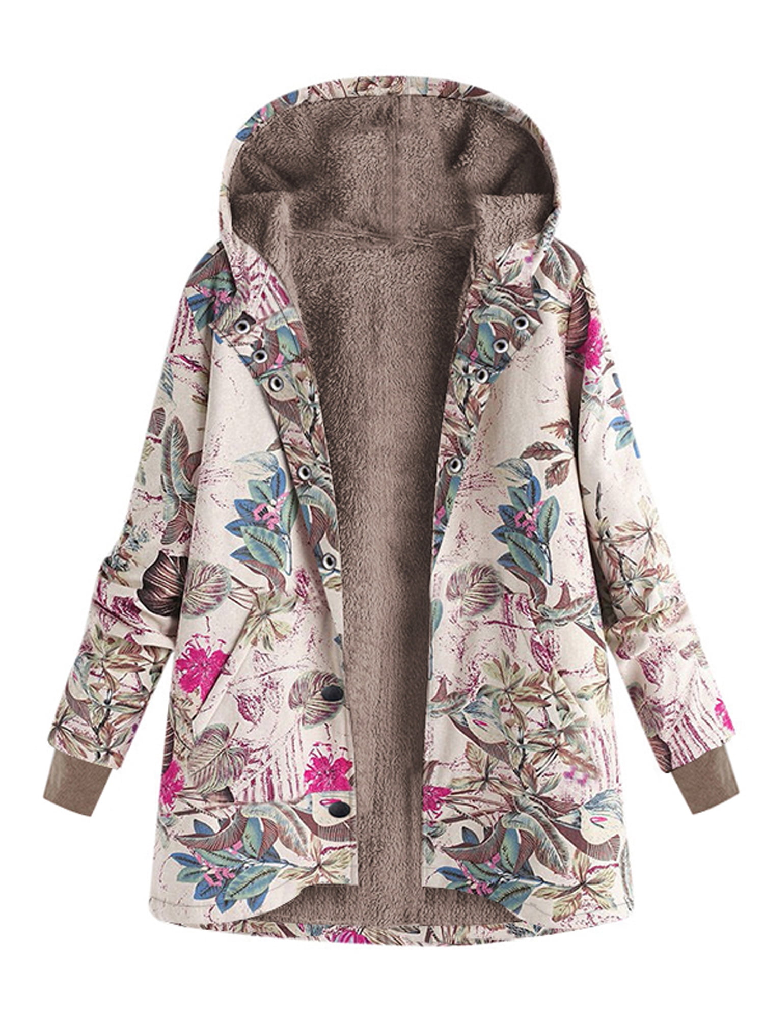 Women Winter Warm Fleece Lined Hooded Jacket Parka Floral Coat Jacket Outwear