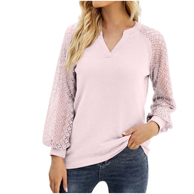 Blusa de camisa de retazos de encaje informal sólida de manga larga con cuello en V para mujer a la moda Fridja czfsfas5251