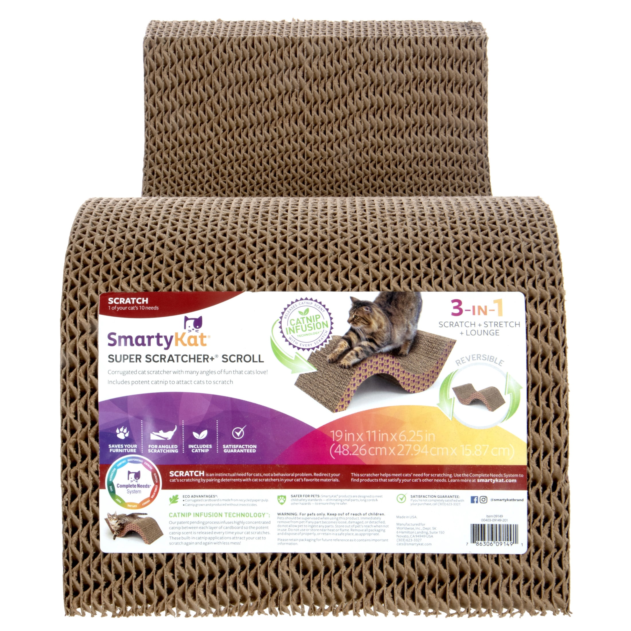 SmartyKat Super Scratcher & Scroll, Wide Corrugated Cat Scratcher for Indoor Cat & Kittens, Catnip Infusion Technology, Recycled Material, Brown