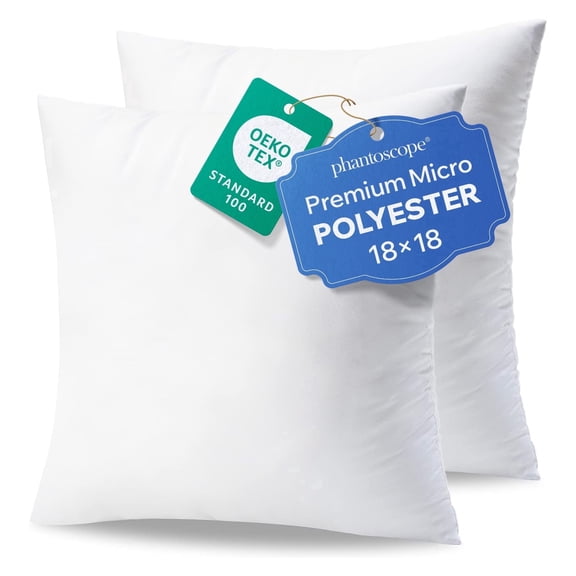 Phantoscope Throw Pillow Inserts, 18 x 18 in, White, Polyester Microfiber, Hypoallergenic, 2 Pack