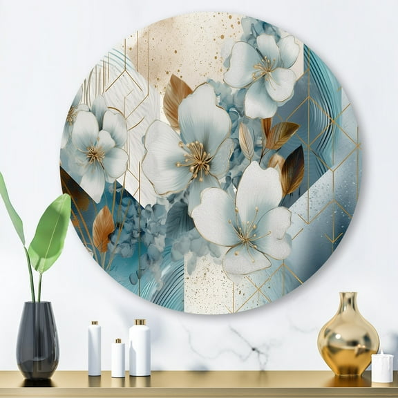 Designart "Silky Floral Design Golden I" Floral Metal Round Wall Art Prints