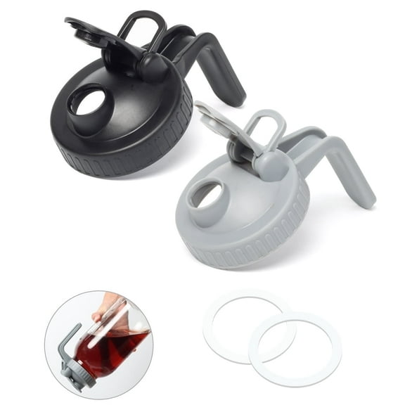 FIFOKICHO Wide Mouth Mason Jar Pour Spout Lid with Handle,Sturdy and Leakproof Mason Jar Lid Plastic For Drinks,Fridge& Dishwasher Safe,2 Pack