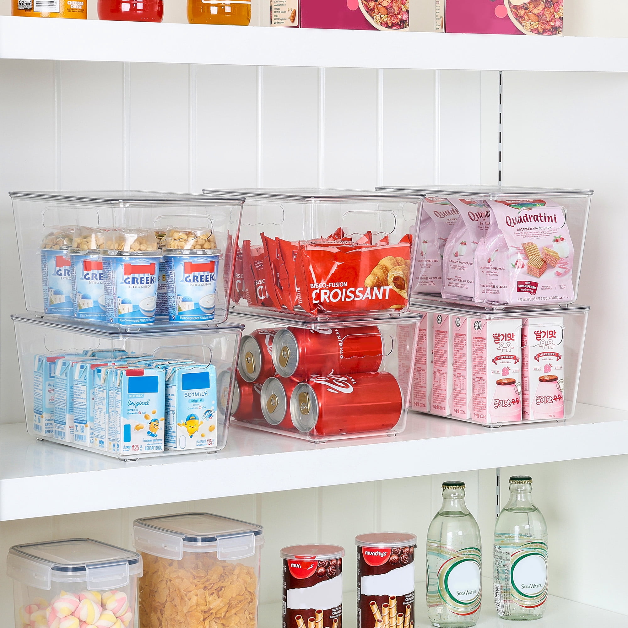 Sindcom 6 Pack Clear Plastic Storage Bins with Lids, Pantry Organizer, for Cabinet, Kitchen, Medium
