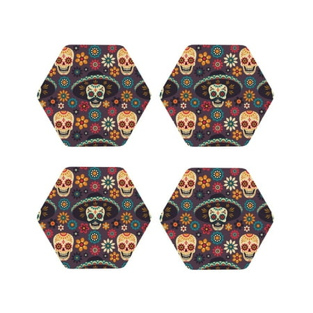 

Pofeuu Skulls and Flowers Print Coasters for Drinks 4Pack PU Leather Coasters Bar Drink Coasters for Tabletop Protection Furniture from Damage-Hexagon