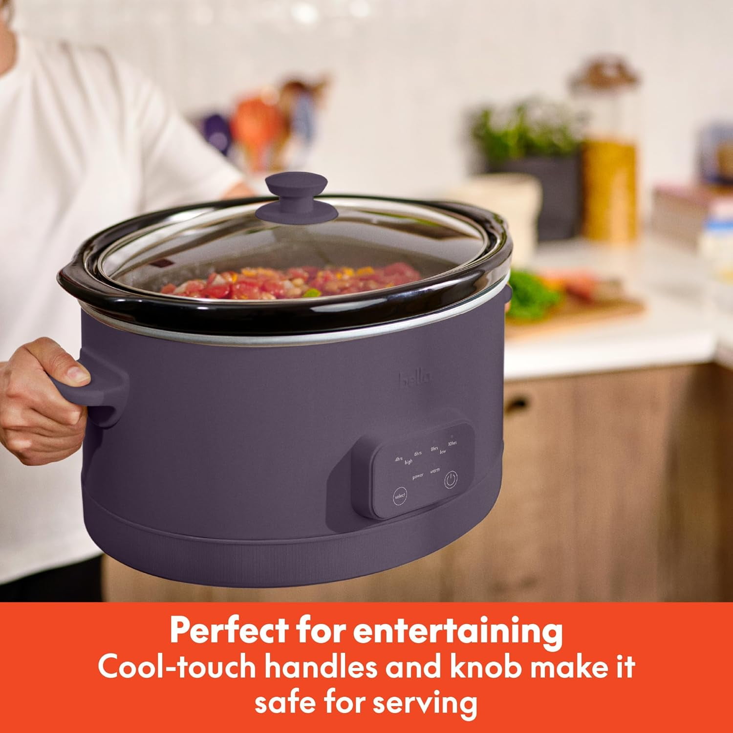 bella 6 Qt Digital Programmable Slow Cooker with Ceramic Nonstick Coating, Adjustable Temperature & Cooking Time, Dishwasher Safe Pot & Tempered Glass Lid, Plum