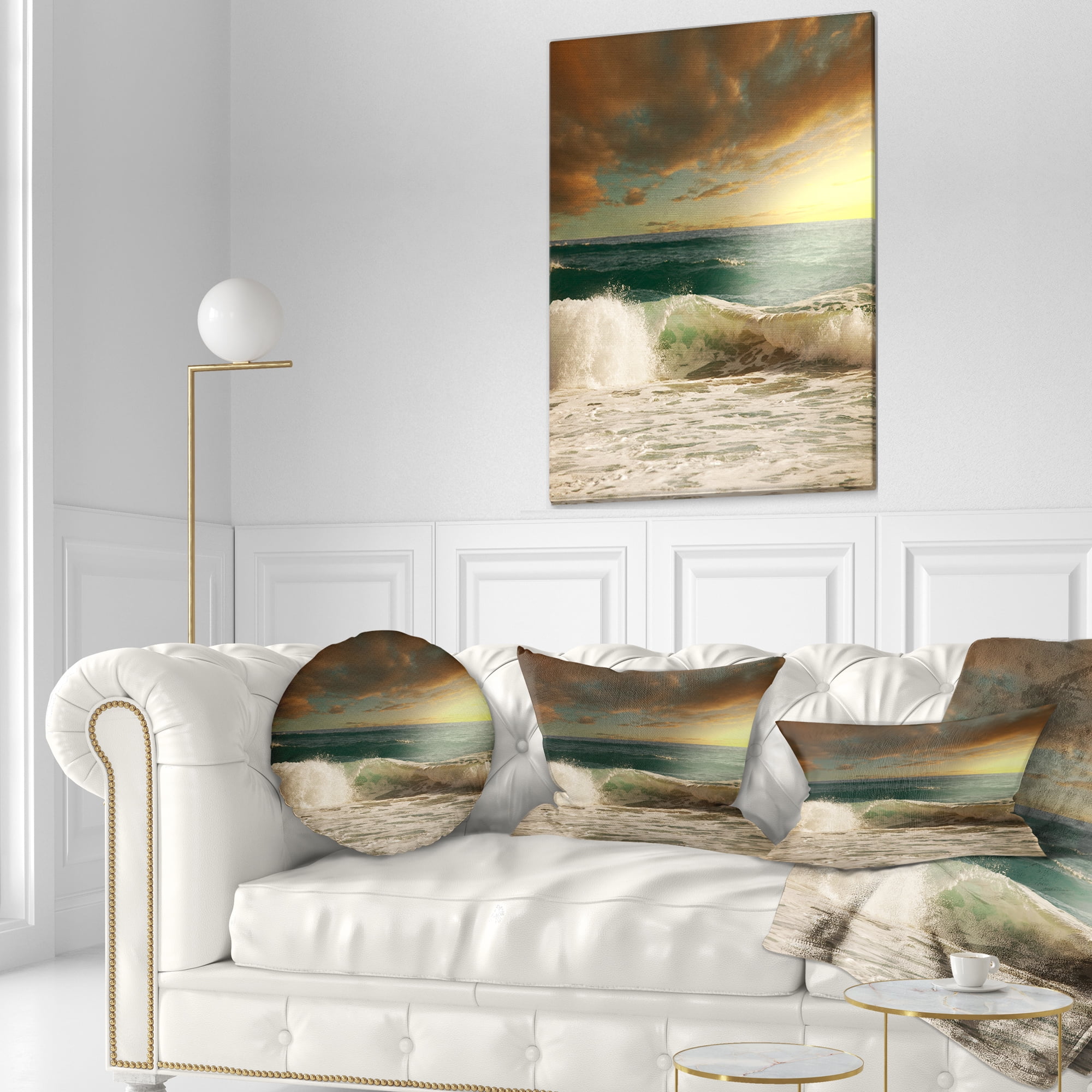 Designart Rushing Waves under Heavy Clouds - Beach Photo Throw Pillow - 12x20