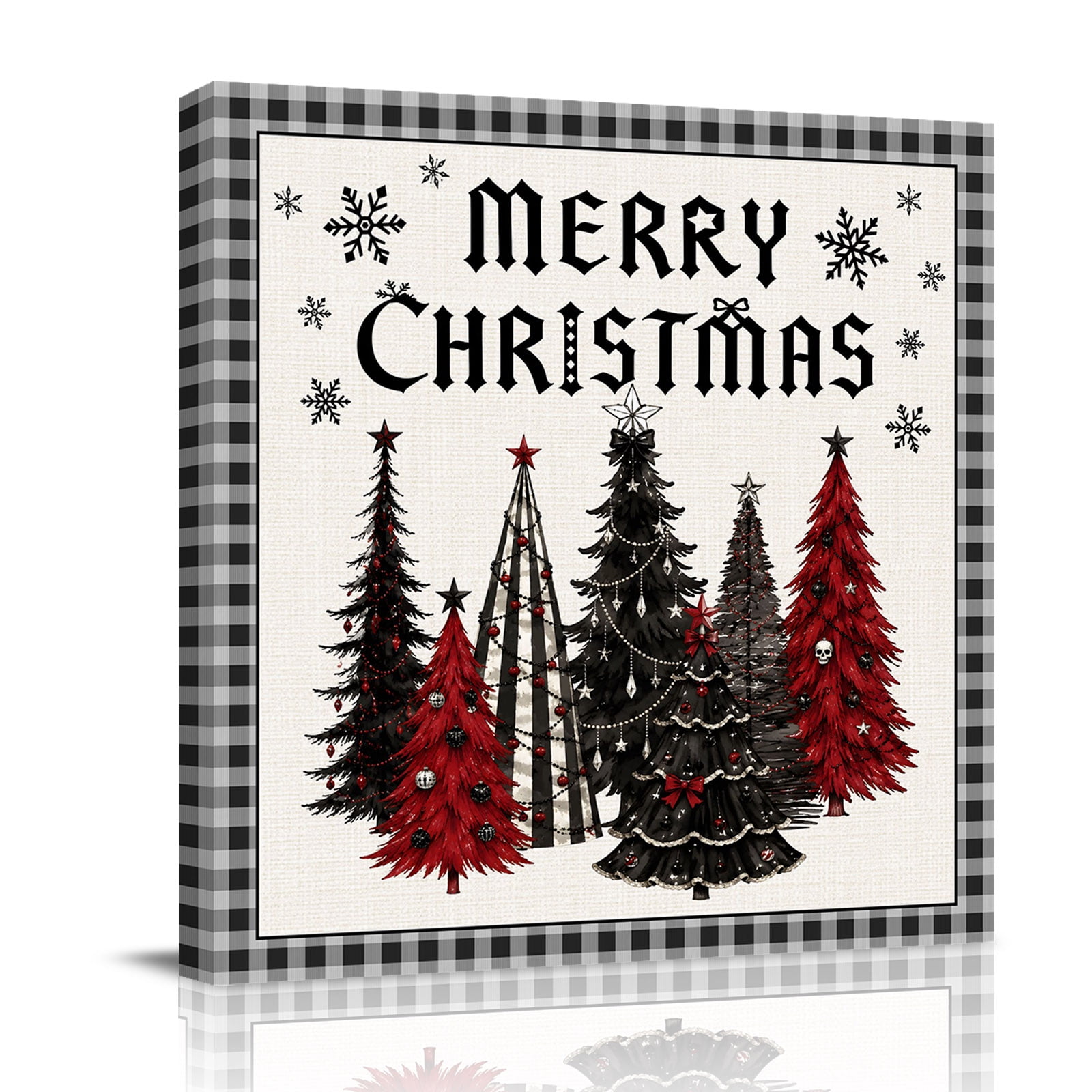 Canvas Wall Art Merry Christmas Framed Canvas Prints for Bedroom Office Red Xmas Pine Trees Snowflake Plaid Black Large Gallery Wrapped Wall Decor for Home Office Gifts 16 x16 Ship Next Day
