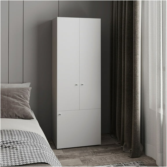 JERFIT White 3 Door Freestanding Closet Organizer with Hanging Rod and Shelves for Bedroom, Utility or Laundry Room Storage