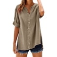 thumbnail image 2 of Women Linen Shirt Womens Gauze Tops Roll Up Short Sleeve Gauze Shirts For Women Linen Clothing For Women Boho Peasant Gauze Blouses Henley Tops Oversized Linen Shirts For Women Coffee3 3XL, 2 of 9