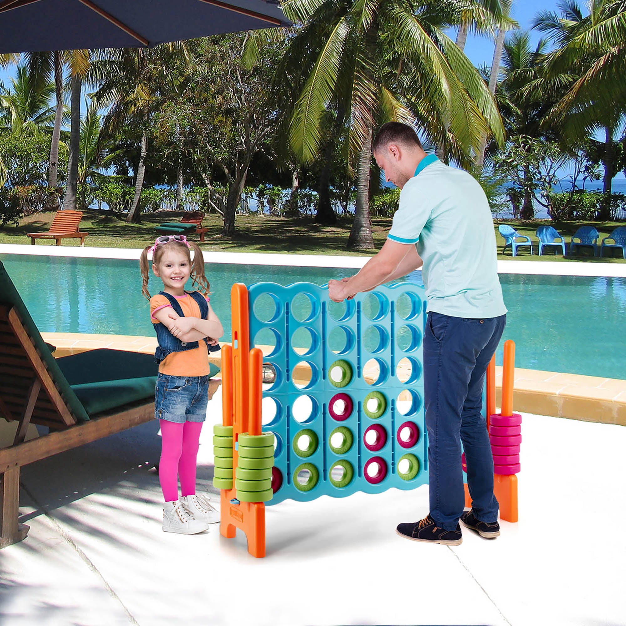 Gymax Jumbo 4-to-Score Game Set 4 in A Row Kids Adults w/ 42 Jumbo Rings Blue