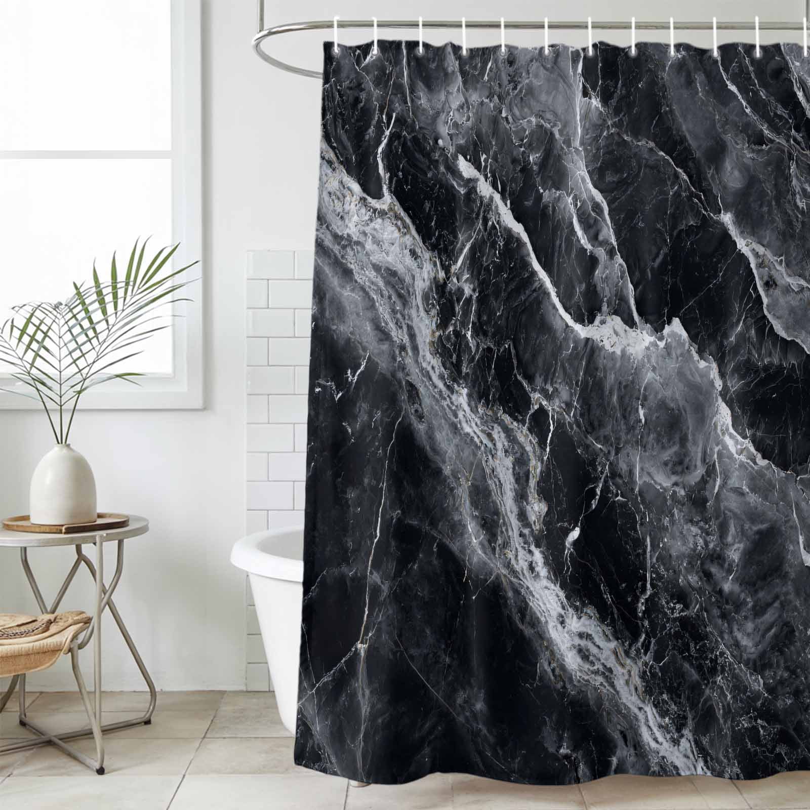 Shower Curtain Bathroom Set Abstract Marble Stone Texture Waterproof Fabric Shower Curtains with Grommets&Hooks, Black Privacy Bath Curtain for Bathtub 72x72in