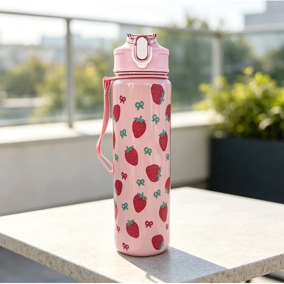 New Cute Strawberry Print 750ML Portable Leak-Proof Plastic Water Bottle,Minimalist Fashion Cup for Home,Outdoor,Travel & School
