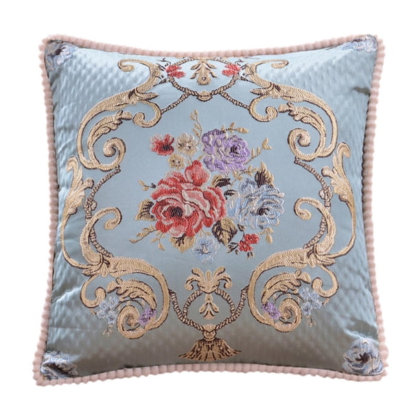 Cojín decorativo europeo, funda de almohada suave y lujosa con flores. Azul