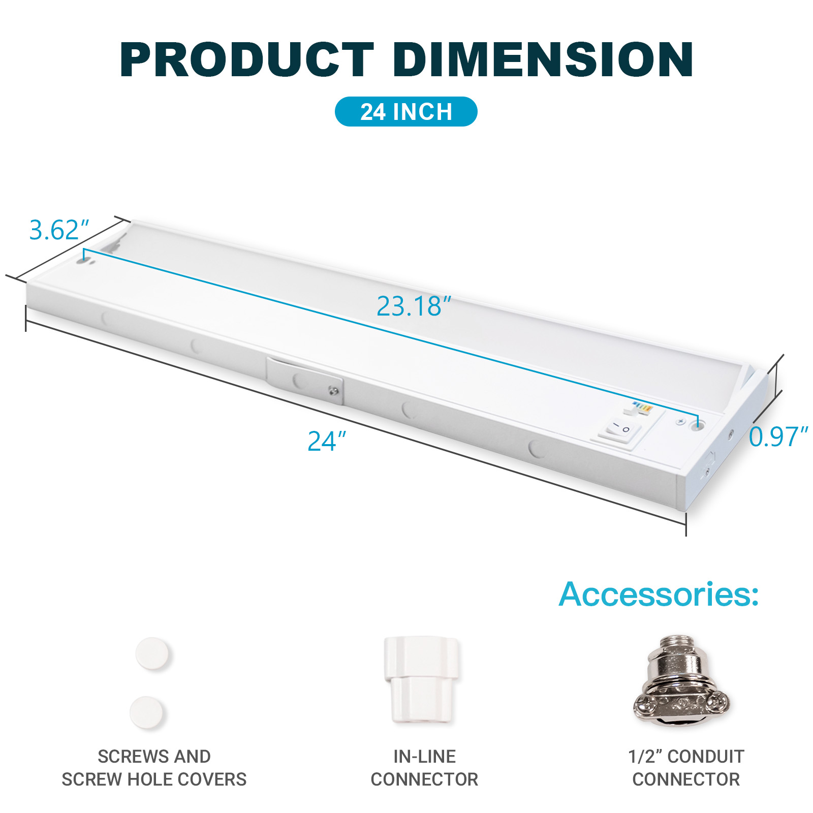 24 Inch LED Under Cabinet Lighting, 15W, 925LM, 5CCT 2700-5000K,CRI>90, 70 Degree Swivel Lens, Dimmable, 120V, Hardwired or Plug-in, Linkable Under Counter Lights For Kitchen Counters Closets